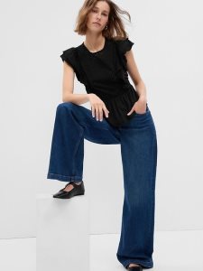 Gap 100% Organic Baumwoll Vintage Spitze Flutter Sleeve Peplum Schwarz | 0641-HLYSG