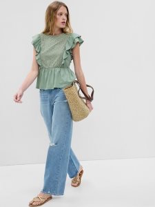 Gap 100% Organic Baumwoll Vintage Spitze Flutter Sleeve Peplum Olivgrün Grün | 8234-YCIVL