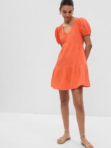 Gap Crinkle Gauze Puff Sleeve Tiered Mini Orange Koralle | 0489-OJWSK