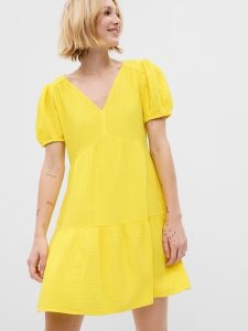 Gap Crinkle Gauze Puff Sleeve Tiered Mini Hellzitrone Gelb | 1597-NKTPW