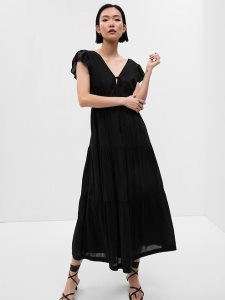 Gap Flutter Sleeve Tiered Maxi Schwarz | 4089-PSQDV