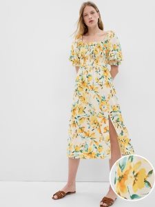 Gap Linen-Blend Puff Sleeve Midi Gelb | 7918-HBGJD