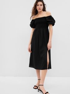 Gap Linen-Blend Puff Sleeve Midi Schwarz | 6278-LVINB