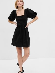 Gap Linen-Blend Puff Sleeve Mini Schwarz | 4807-HNAOG