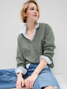 Gap Linen-Blend V-Neck Olivgrün Grün | 8342-ERMVC