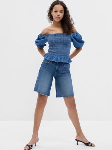 Gap Puff Sleeve Denim Smocked Peplum Waschen | 8014-OYMUP