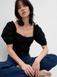 Gap Puff Sleeve Eyelet Schwarz | 7529-PUYNH