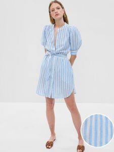 Gap Puff Sleeve Linen-Baumwoll Hellblau Weiß | 3015-AMBNE