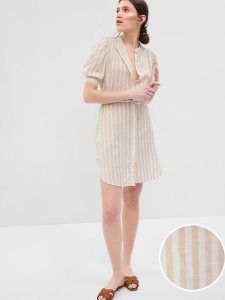 Gap Puff Sleeve Linen-Baumwoll Khaki Braun Weiß | 0132-MQVUO