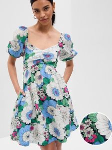 Gap Puff Sleeve Mini Blau Weiß Grün | 2854-BZPSW