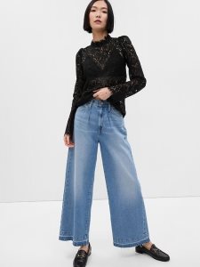 Gap Puff Sleeve Ruffle Neck Spitze Schwarz | 9687-YIORD
