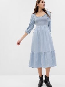 Gap Puff Sleeve Smocked Denim Midi Hellwaschen | 7693-ATGIS