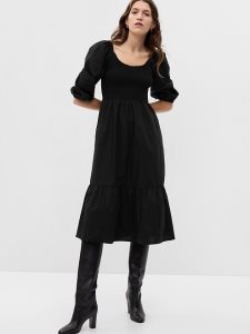 Gap Puff Sleeve Smocked Midi Schwarz | 9128-ZKCWD