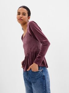 Gap Puff Sleeve Smocked Peplum Velvet Bordeaux Lila | 0527-LOXGF