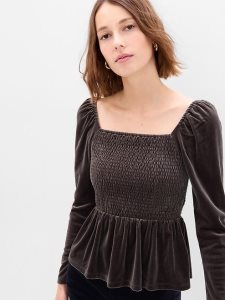 Gap Puff Sleeve Smocked Peplum Velvet Braun | 0481-EXVUA