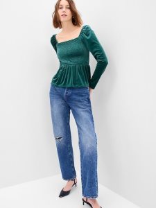 Gap Puff Sleeve Smocked Peplum Velvet Grün Tiefesgrün | 4516-FZUCW