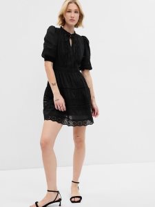 Gap Puff Sleeve Spitze Mini Schwarz | 0642-SLZYB
