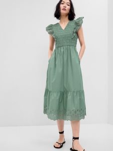 Gap Ruffle Sleeve Smocked Midi Olivgrün Grün | 8309-YCSHV
