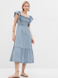 Gap Smocked Flutter Sleeve Denim Midi Hellwaschen | 4526-PBIWE